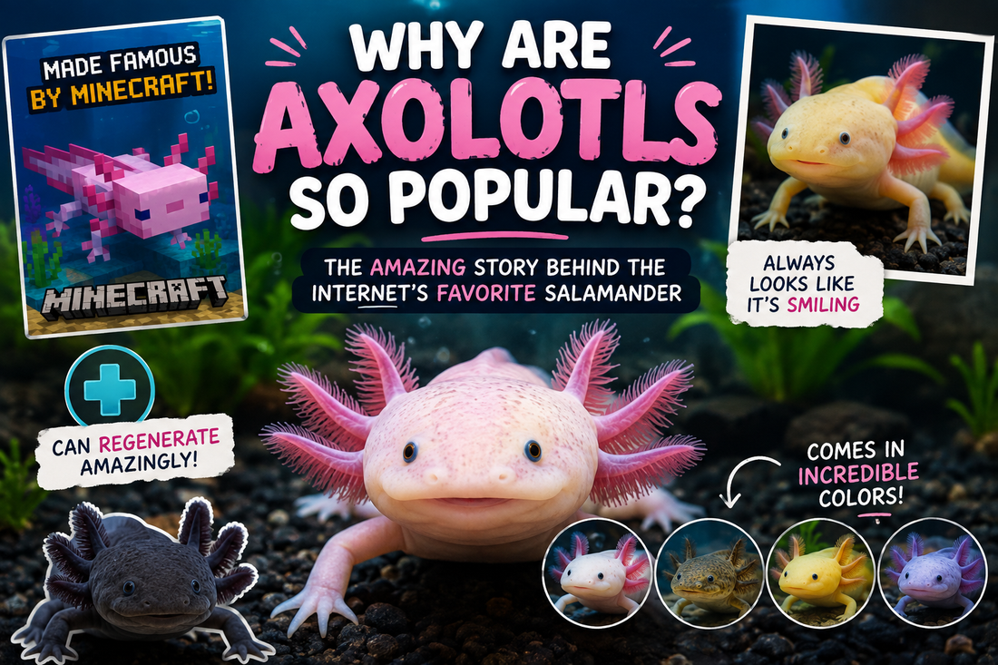 Axolotl illustration featuring gaming, social media, and science themes