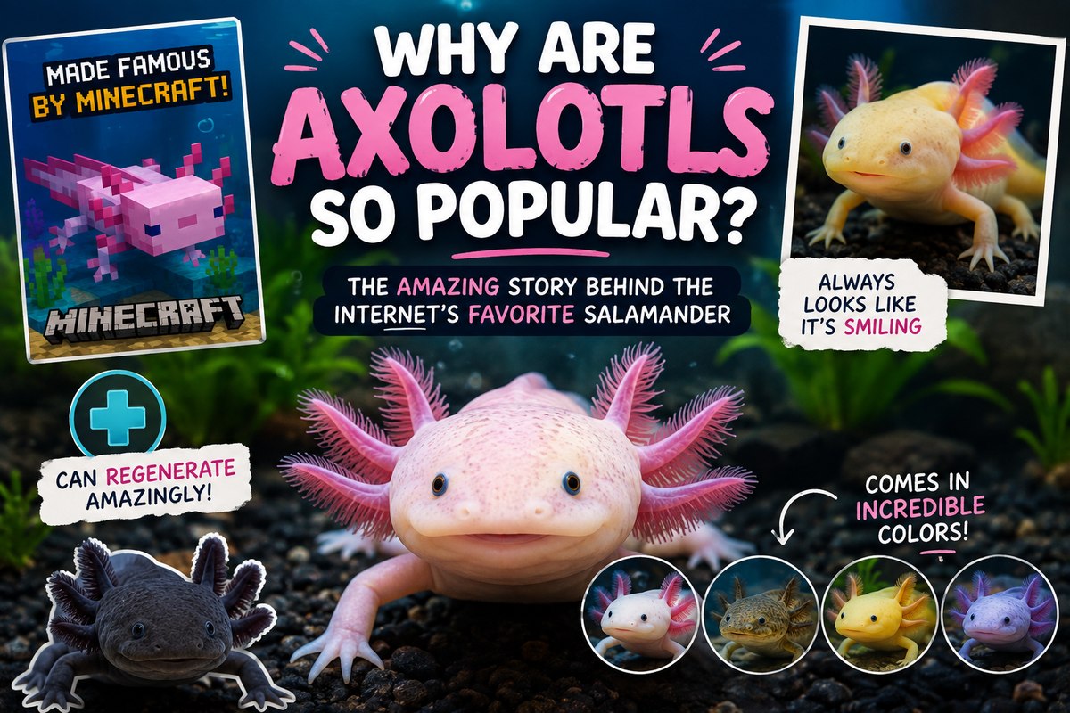 Axolotl illustration featuring gaming, social media, and science themes