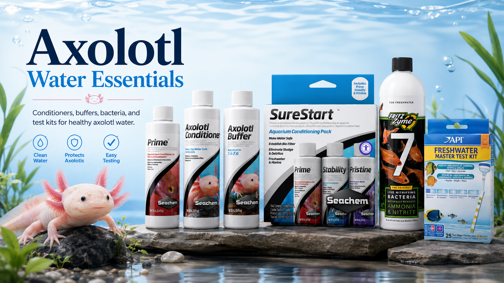 Axolotl water conditioners and aquarium testing products