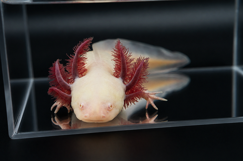 Pink albino axolotl with pale coloring and pink gills