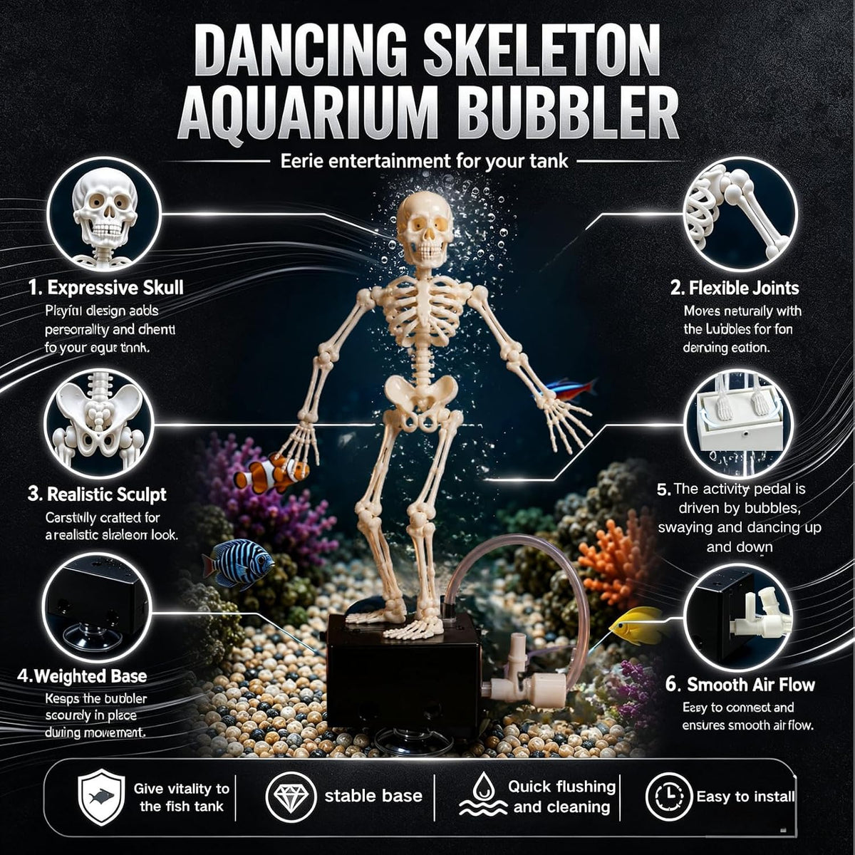 Halloween-style dancing skeleton aquarium air bubbler decoration