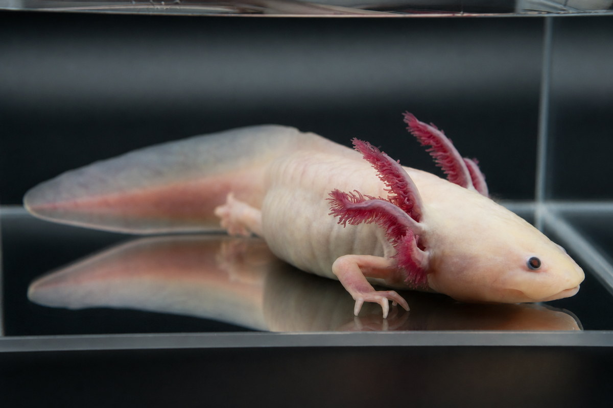 Axolotl in a tank with a black background