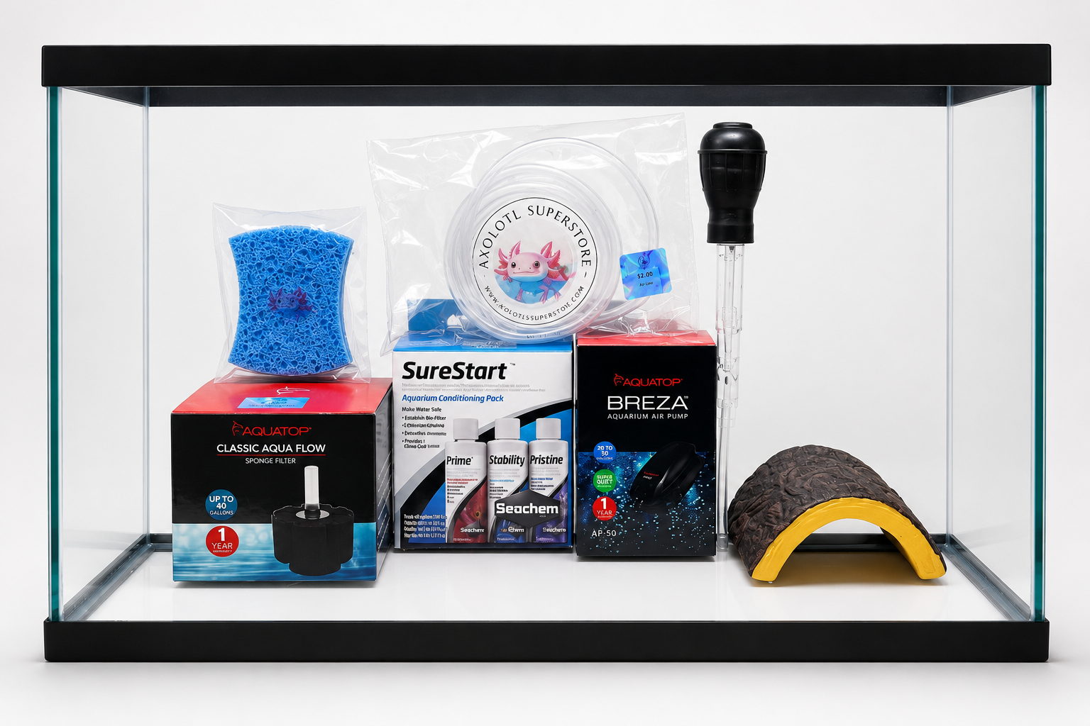 Complete 10-gallon axolotl aquarium starter setup with supplies
