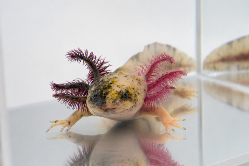 Split mosaic axolotl with contrasting body coloration